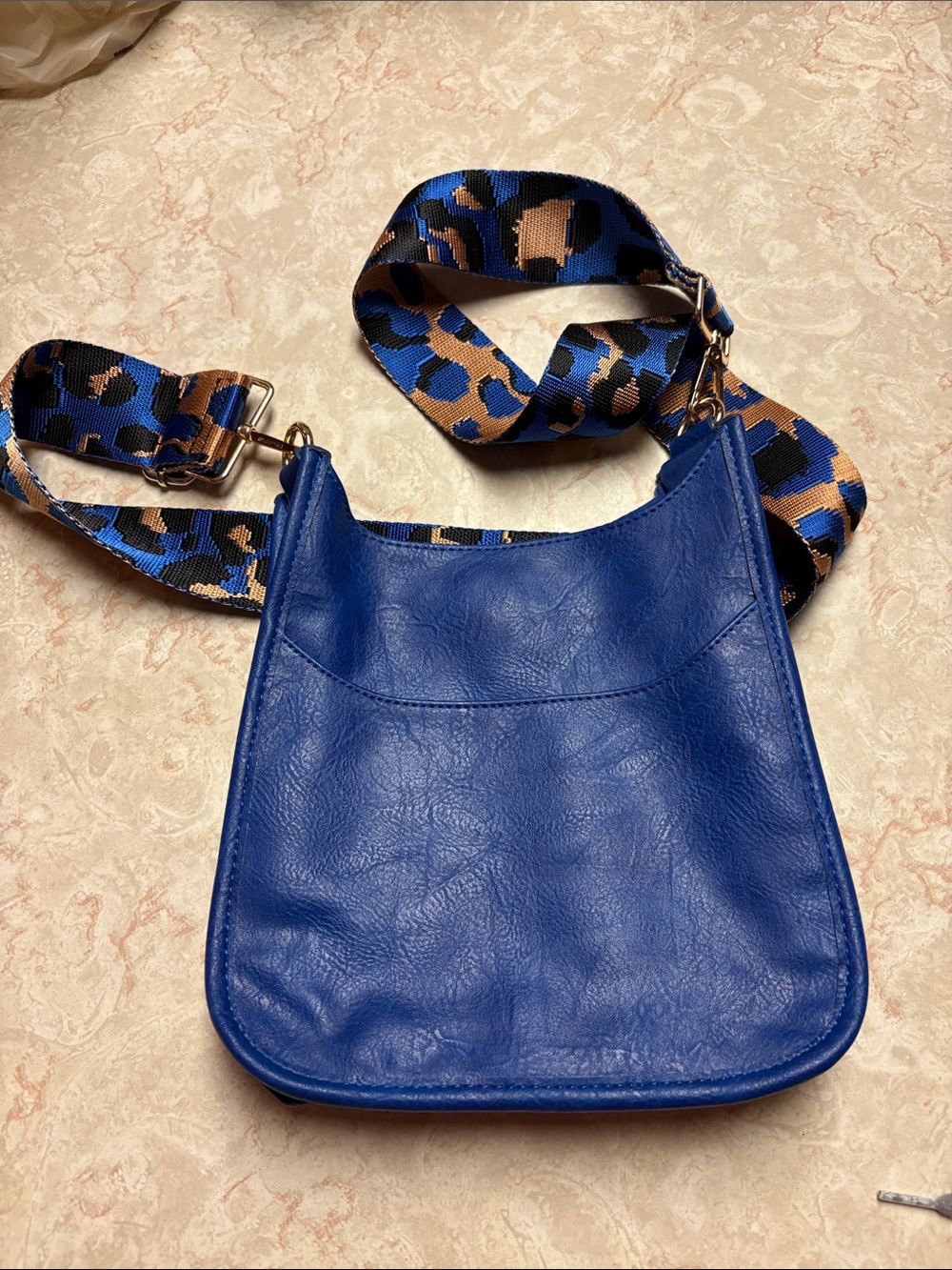 Vivid Blue Faux-Leather Crossbody with Leopard-Print Strap